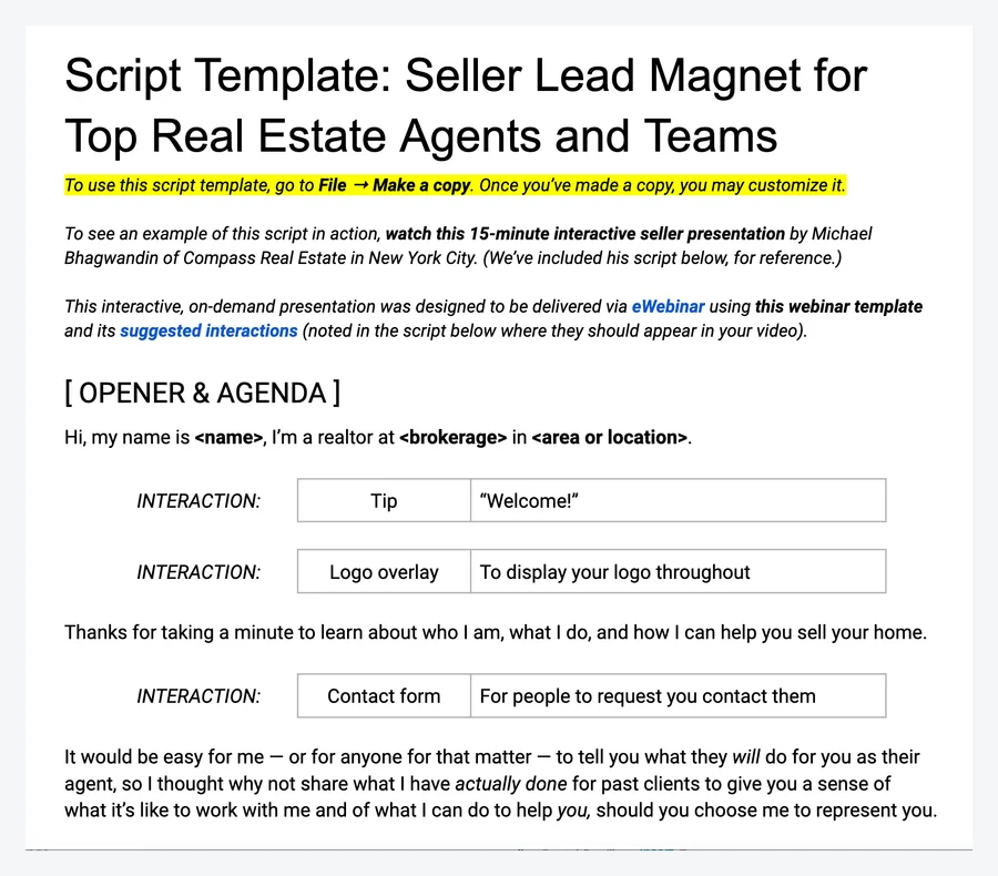 Seller lead magnet script template