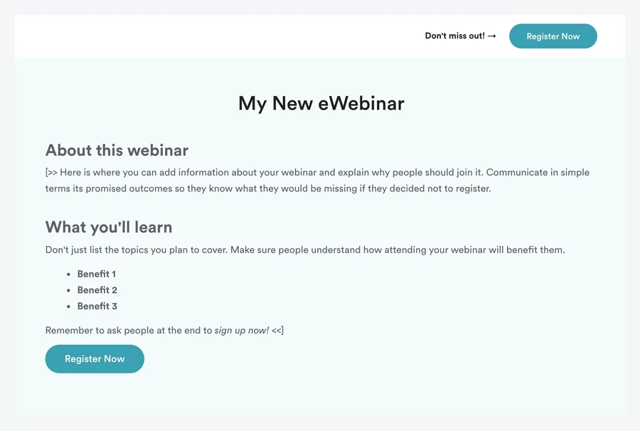 Registration page for standard eWebinar template