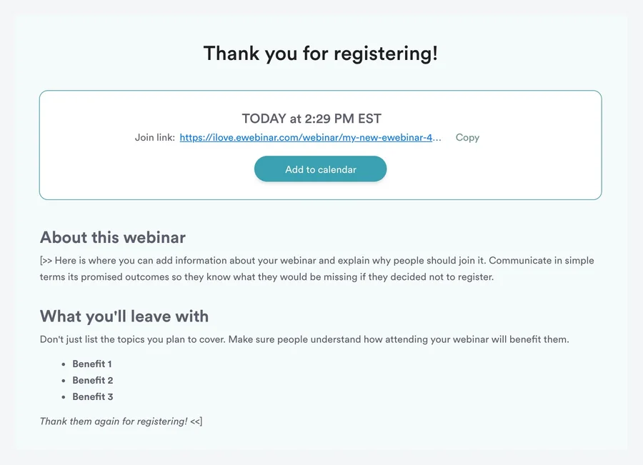 Thank you page of standard eWebinar template