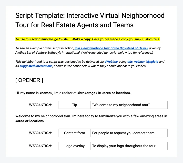 Virtual neighborhood tour script template