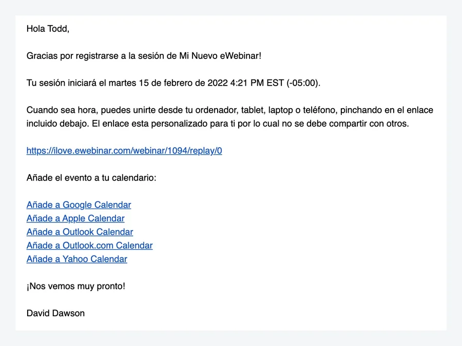 Confirmation email in standard eWebinar template in Spanish
