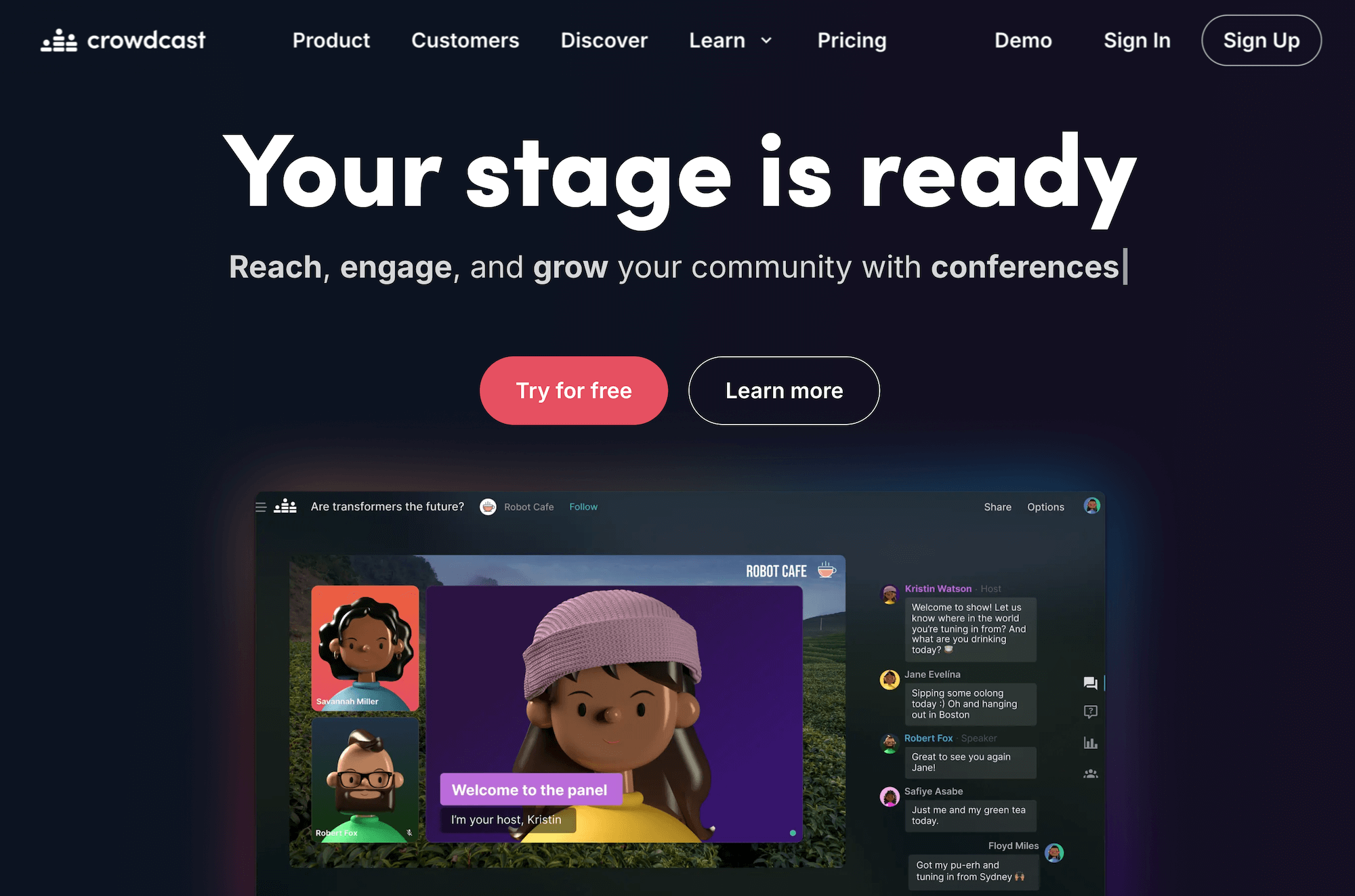 Crowdcast homepage: Your stage is ready