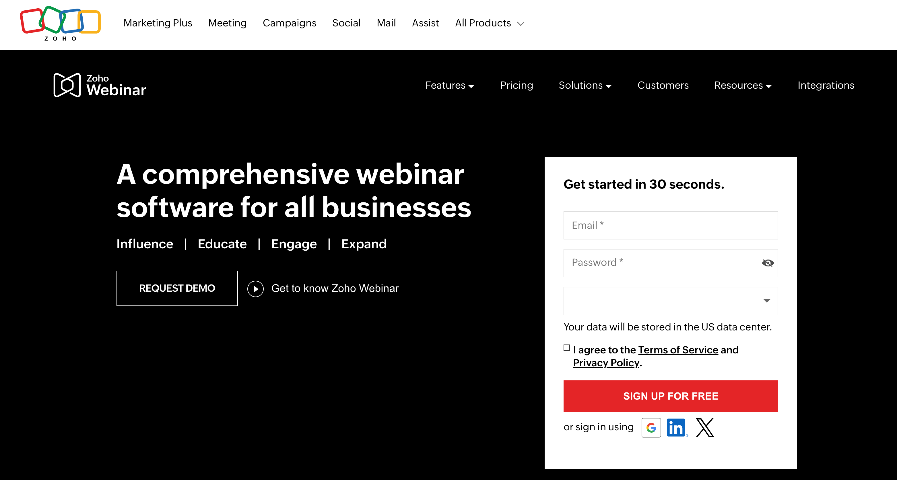 Zoho Webinar homepage: A comprehensive webinar software for all businesses