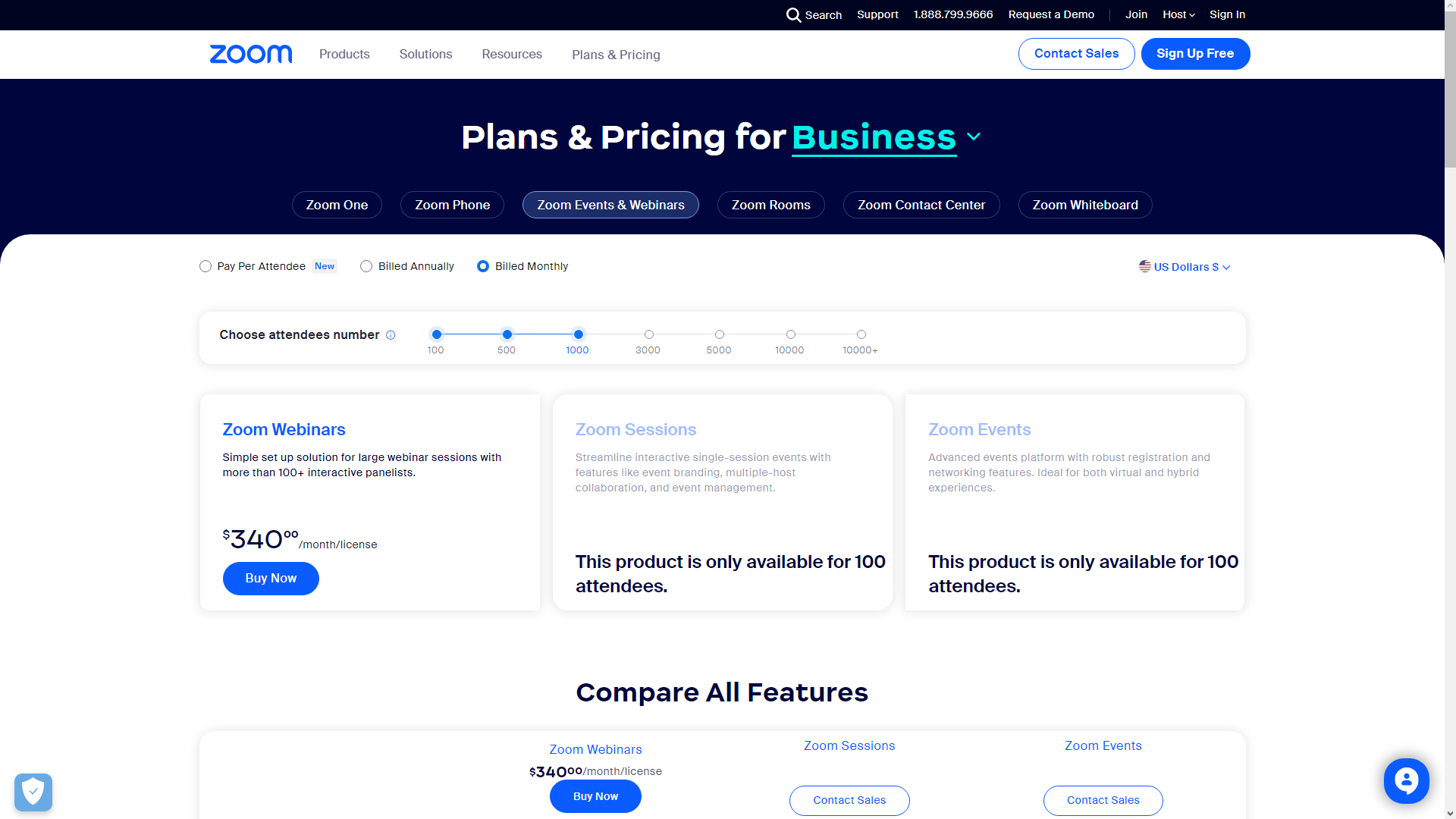 Zoom Webinars pricing page