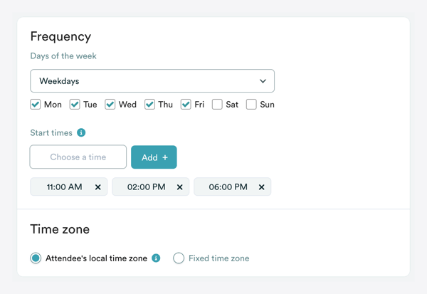 Screenshot of recommended settings of a convenient recurring schedule on eWebinar