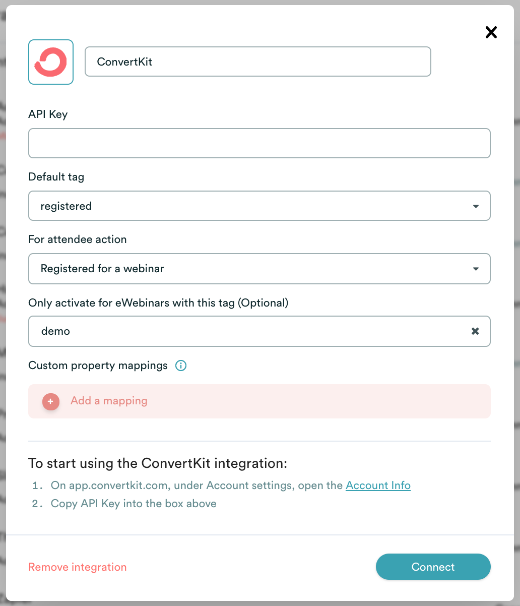 eWebinar integration modal with ConvertKit