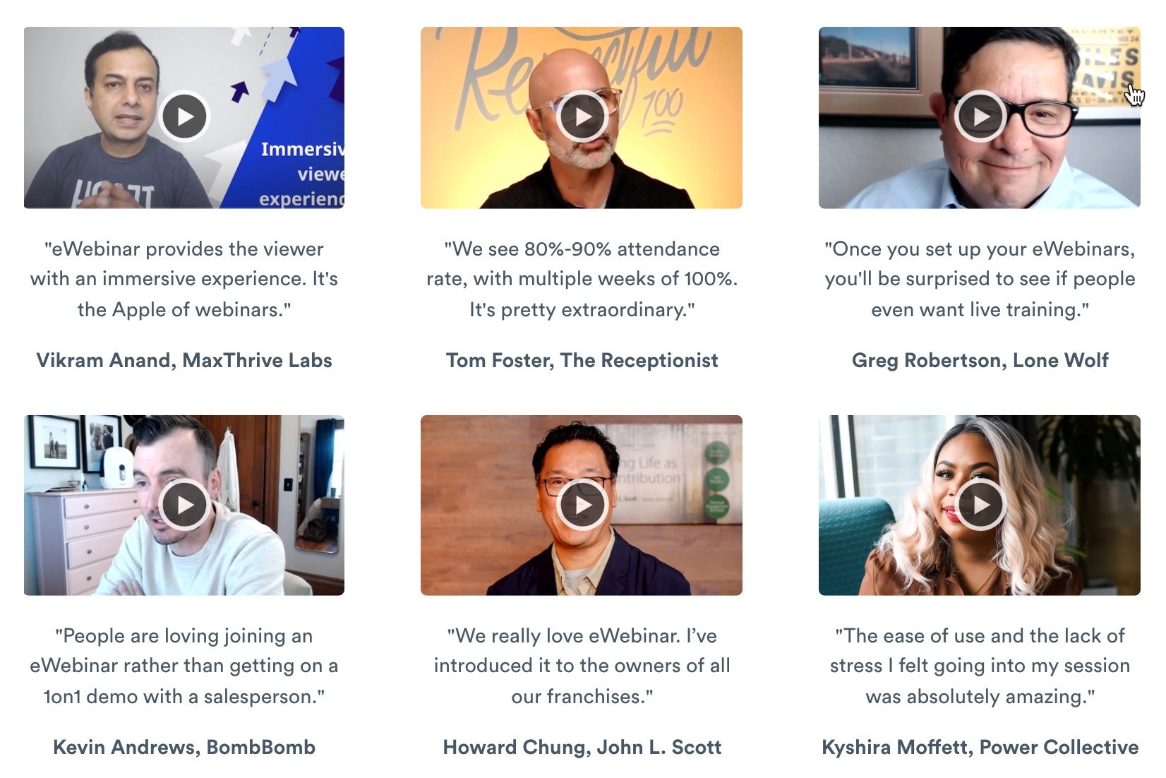Video thumbnails of eWebinar customers