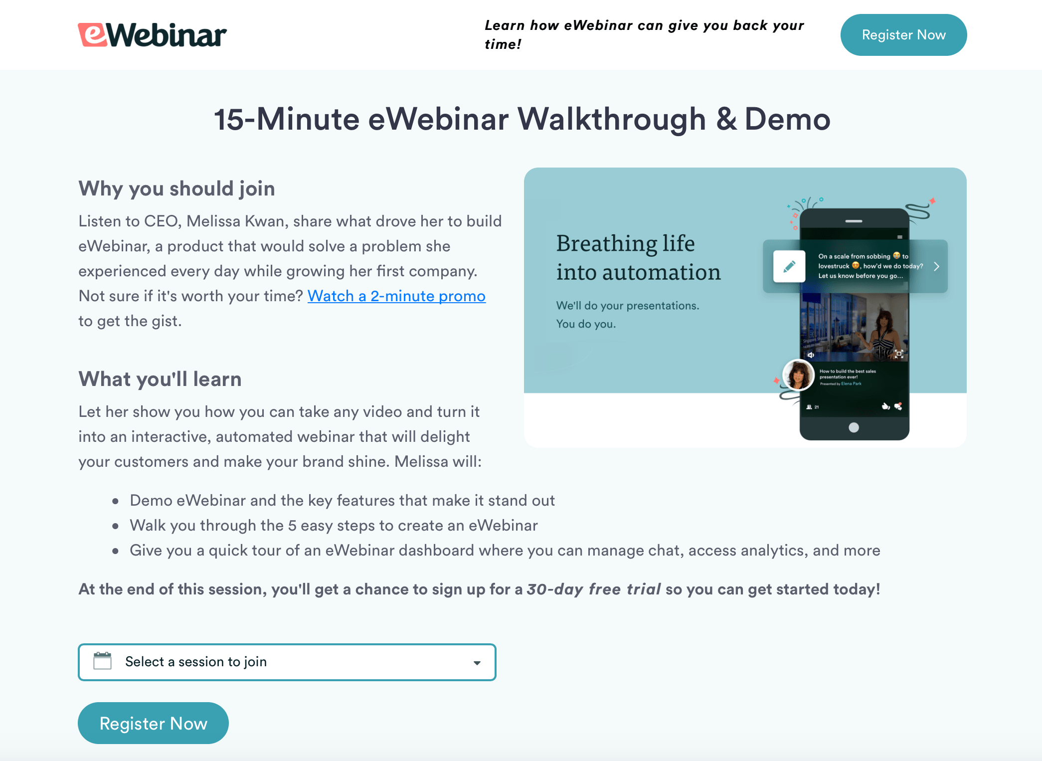 Registration page for eWebinar’s demo