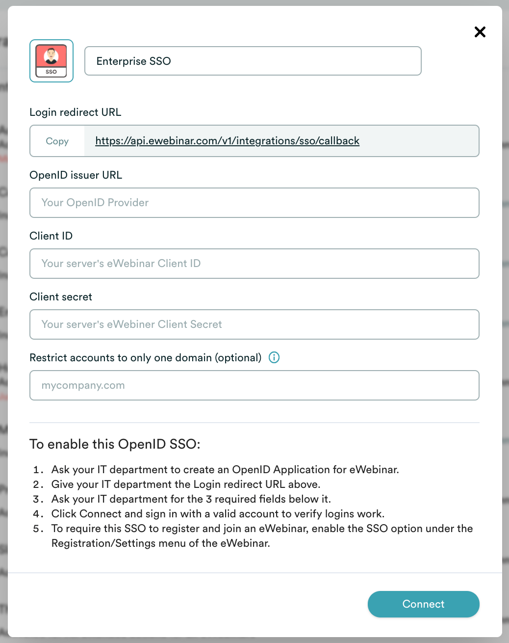 eWebinar integration modal for enterprise SSO