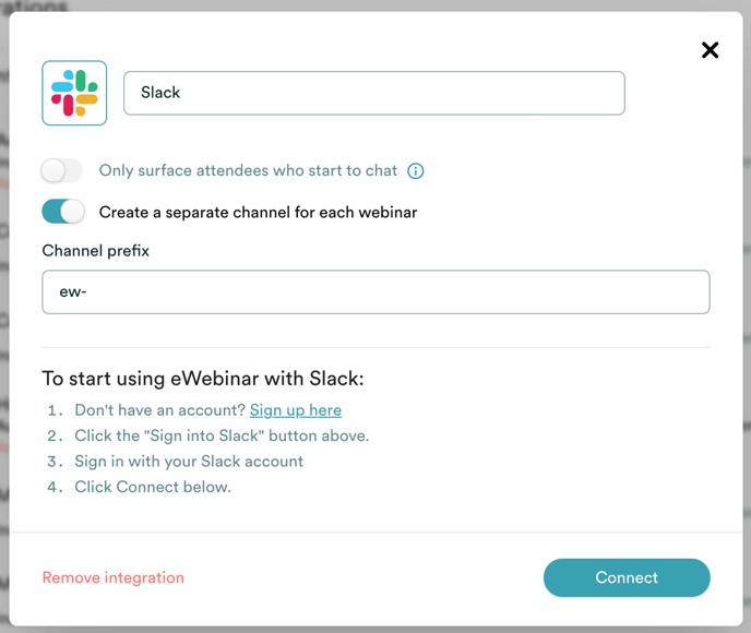 Slack integration settings in eWebinar