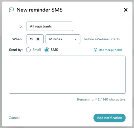eWebinar creation modal for SMS reminder