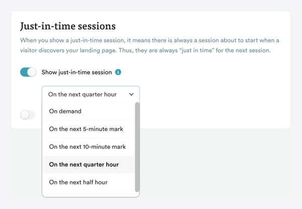 Screenshot of just in time session drop down 