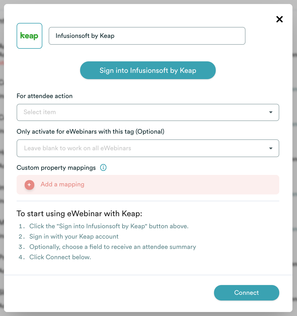 eWebinar integration modal with Keap