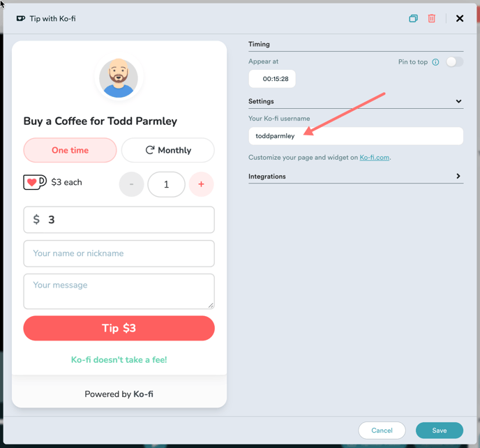 Edit modal for Ko-fi interaction in eWebinar