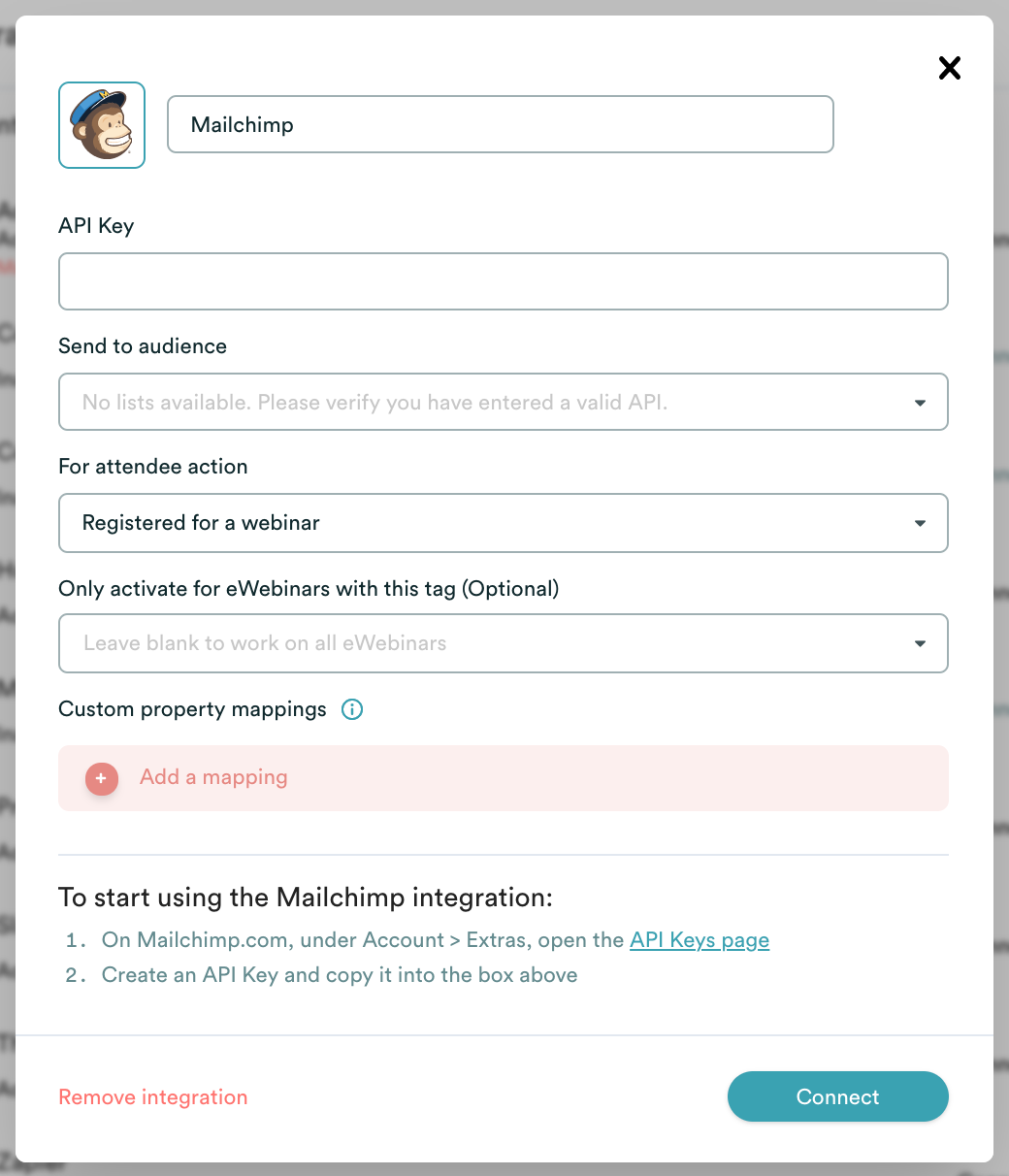 eWebinar integration modal with MailChimp