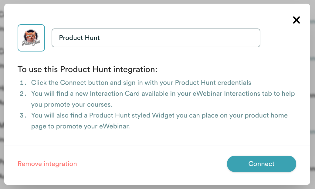 eWebinar integration modal with Product Hunt