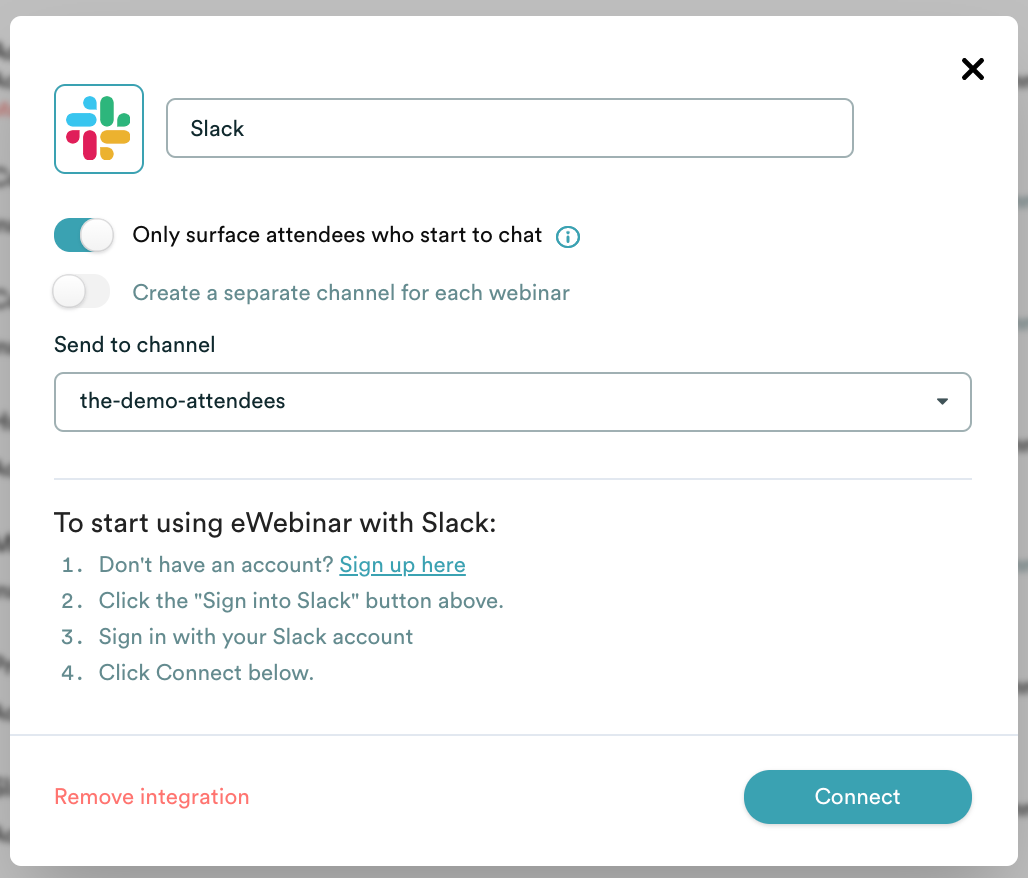 eWebinar integration modal with Slack