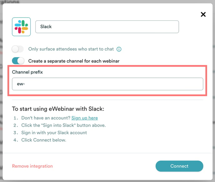 Slack channel prefix selection in eWebinar