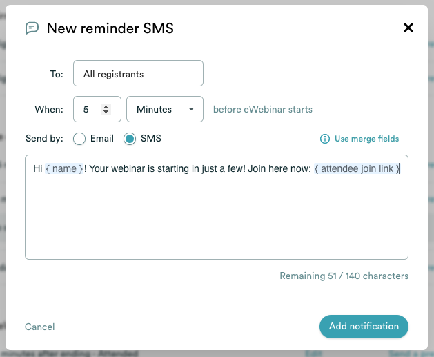 SMS reminder edit modal
