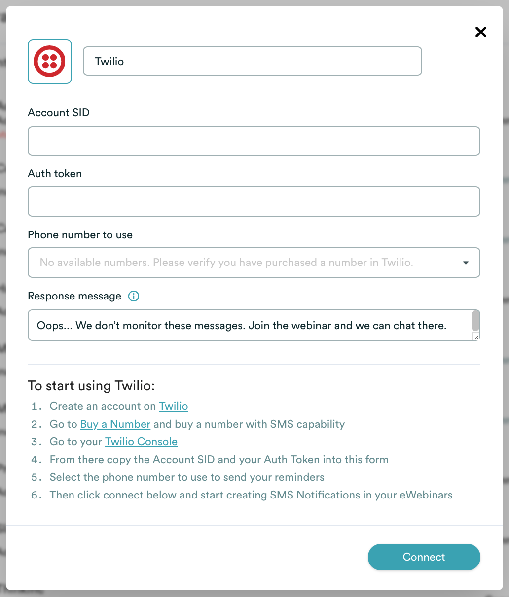 eWebinar integration modal with Twilio