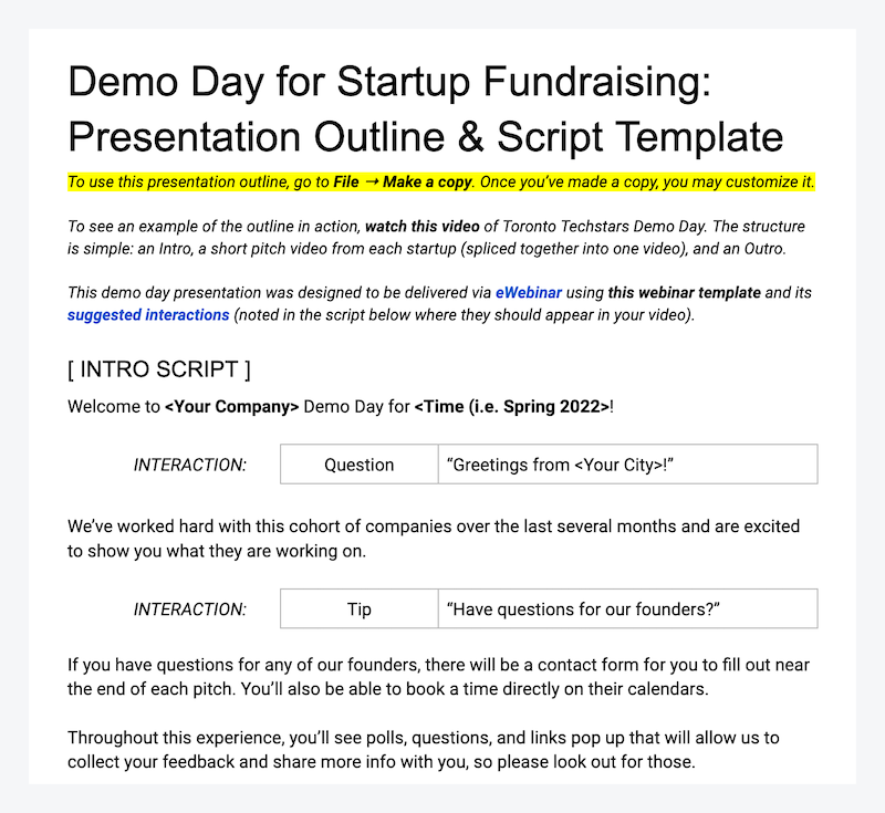 Demo Day Template Outline