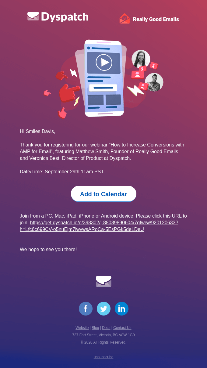 registration confirmation email from Dyspatch