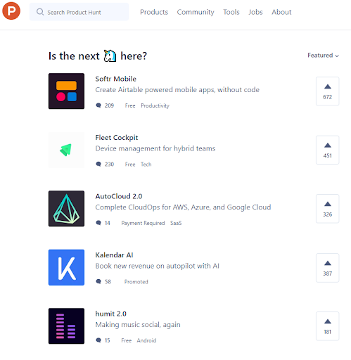 Product Hunt leaderboard
