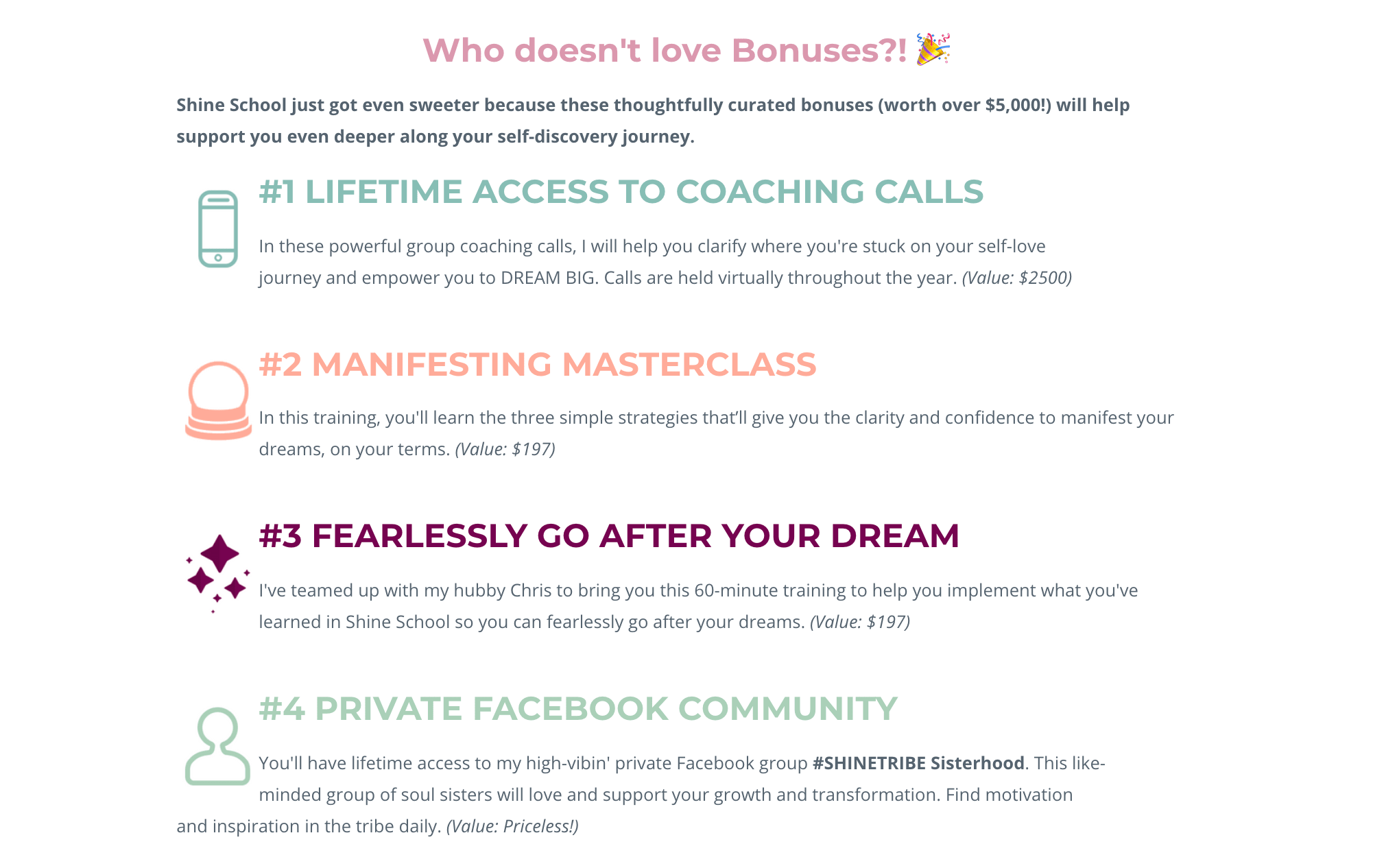 An example of a course bonuses section