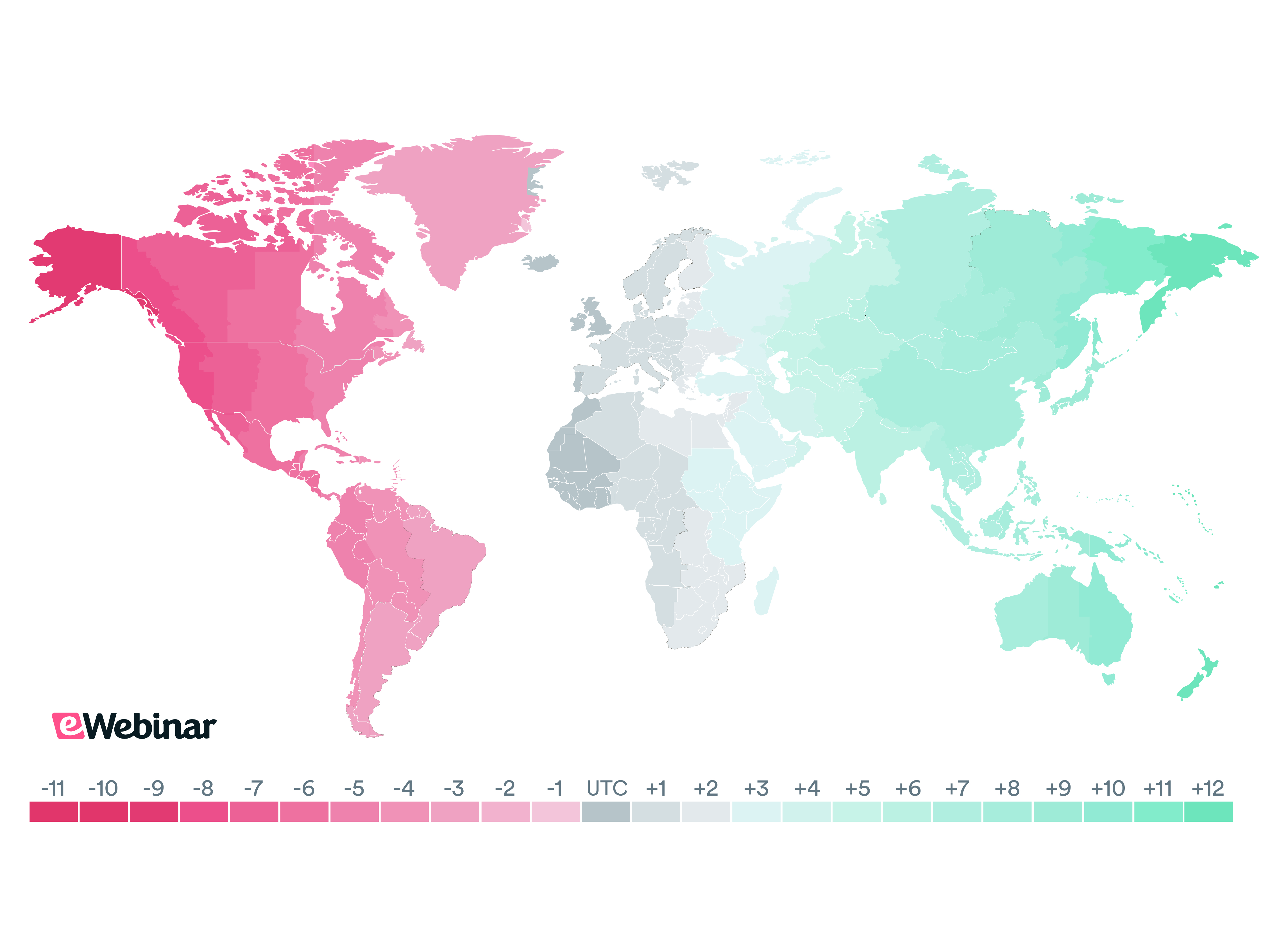 Color-coded map of time zones for each country globally (from -11 to +12).