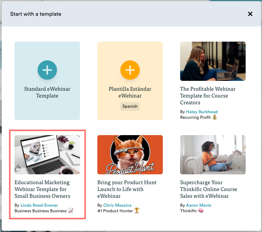 Choose template modal with educational webinar template highlighted