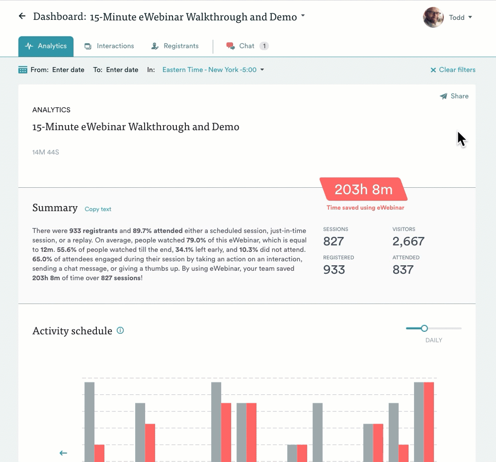 Animated GIF of clicking to share an eWebinar’s Analytics, turning off one report section, and copying the link