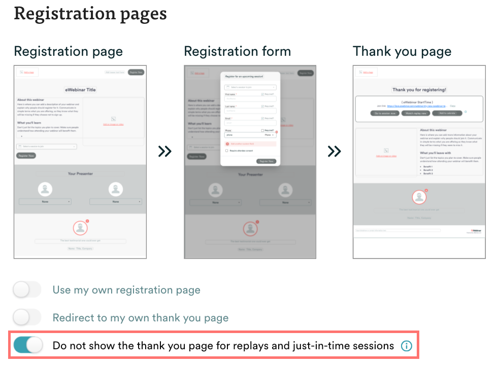 Toggle showing option to skip thank you page turned on