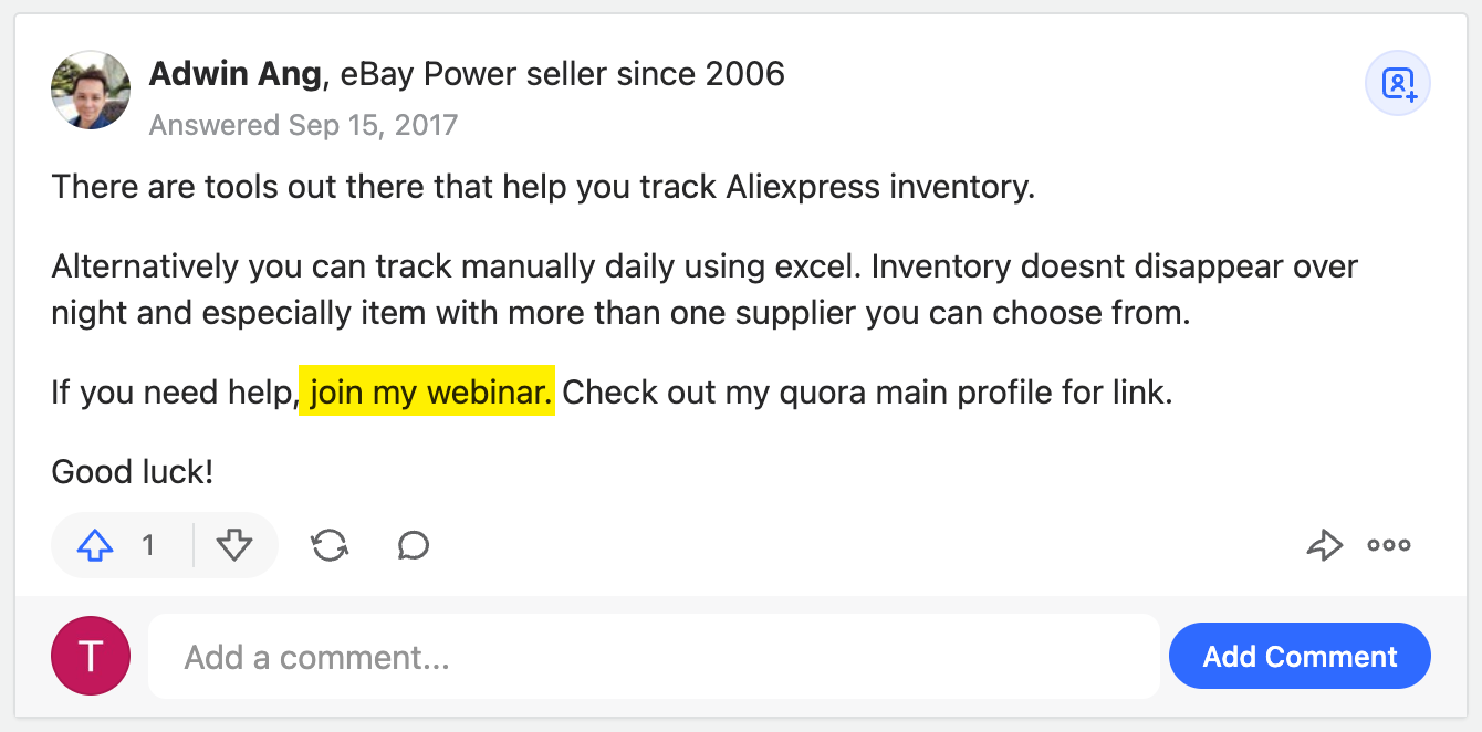 Post on Quora with invitation to join webinar