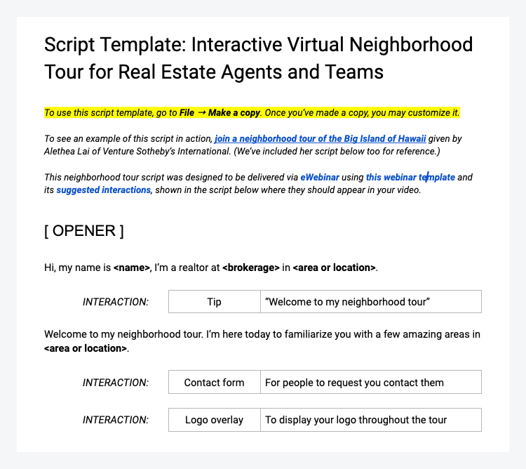 Virtual neighborhood tour script template