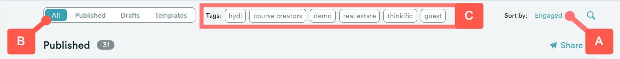 eWebinar home page filtering and sorting
