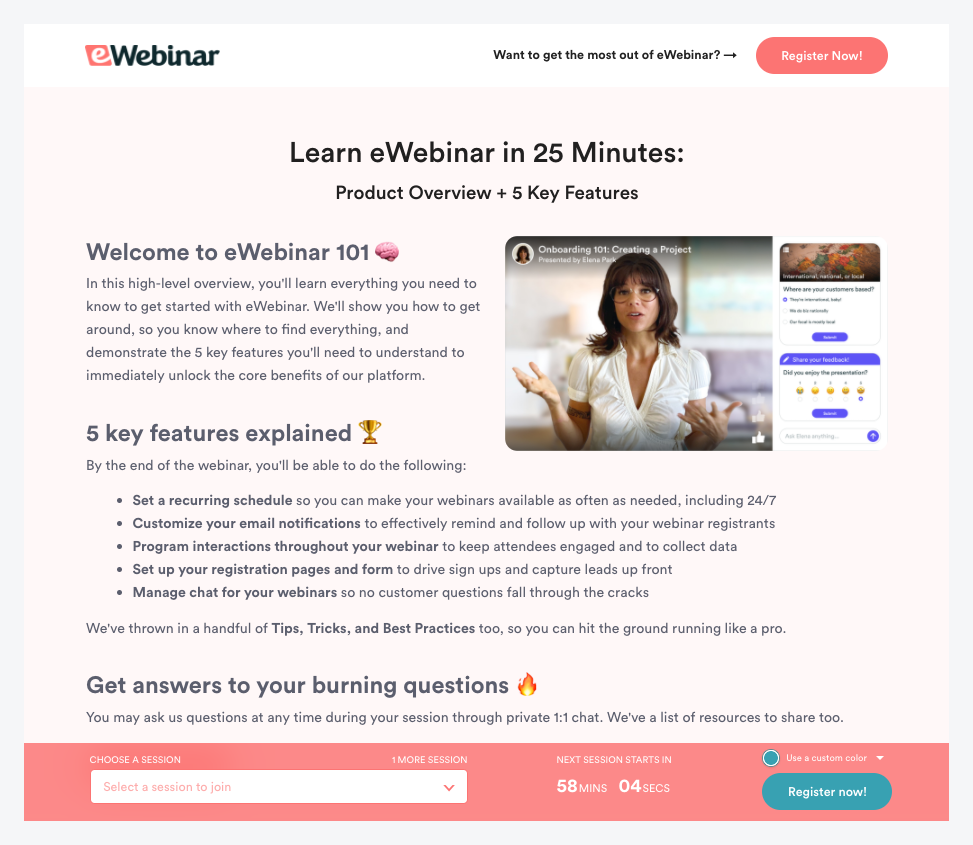 Registration page in onboarding webinar template