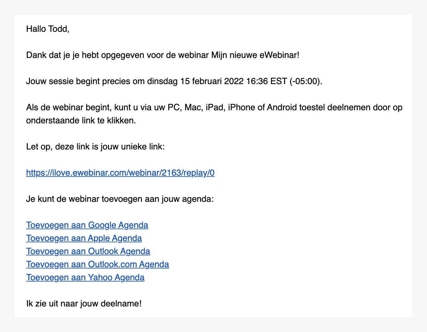 Confirmation email in standard eWebinar template in Dutch
