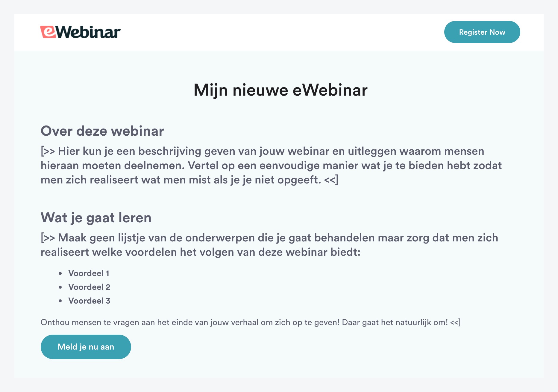 Registration page in standard eWebinar template in Dutch