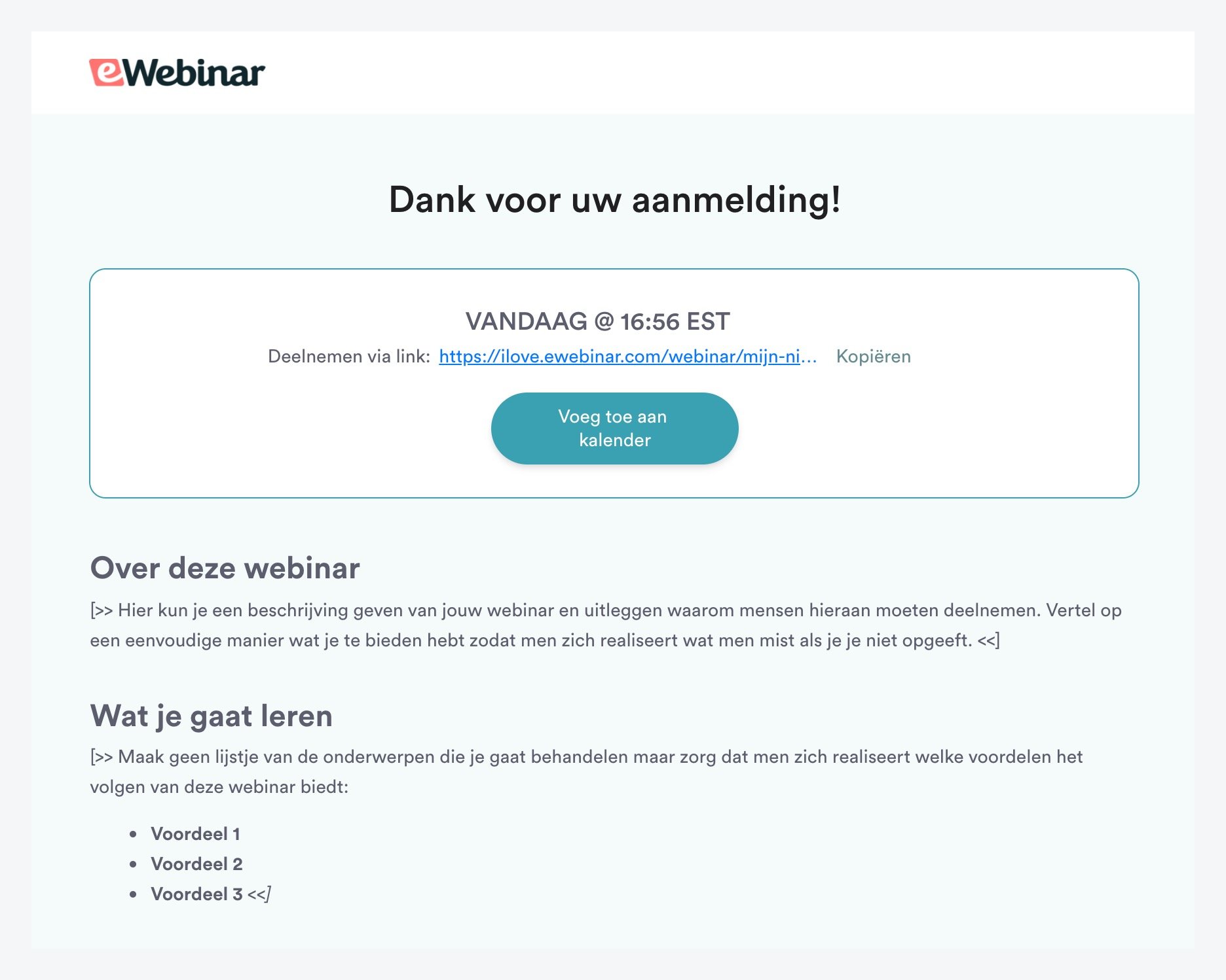 Thank you page in standard eWebinar template in Dutch