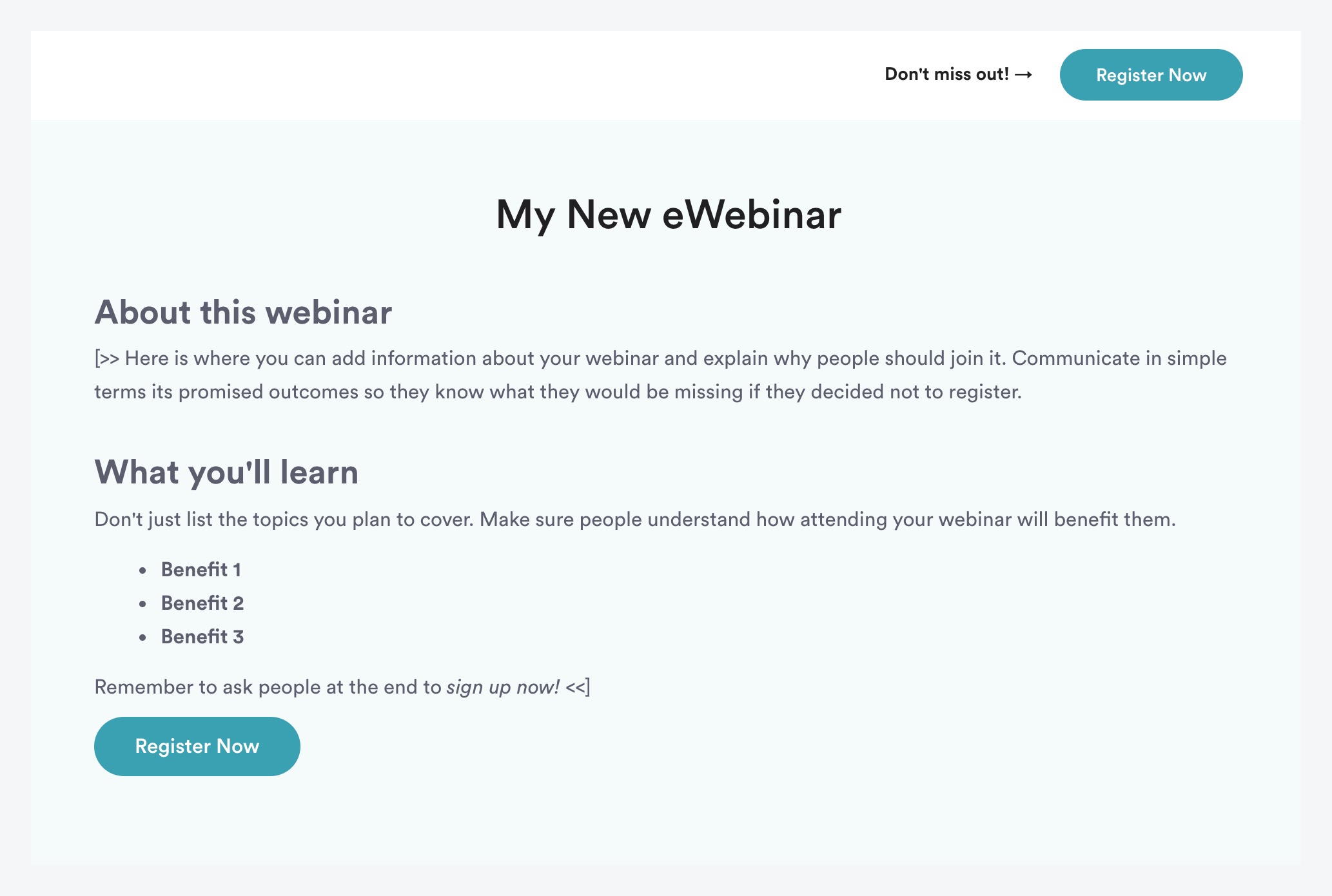 Registration page for standard eWebinar template