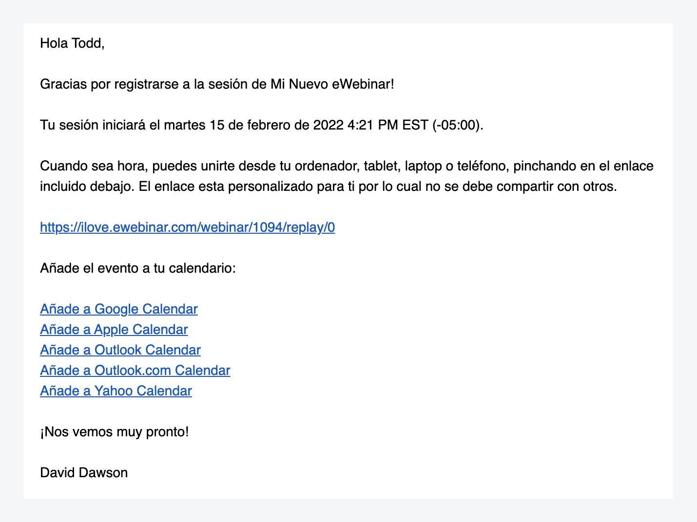 Confirmation email in standard eWebinar template in Spanish