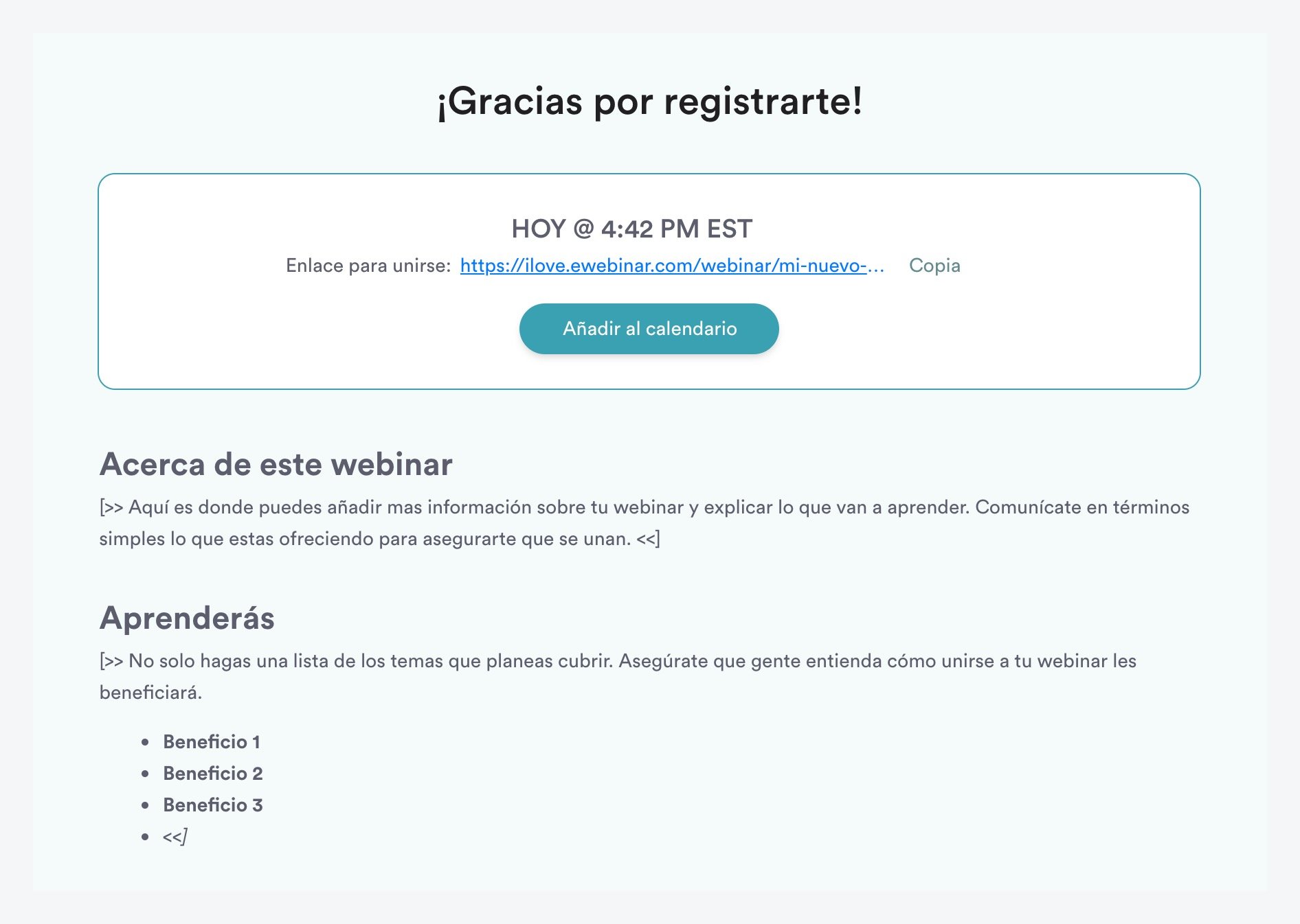 Thank you page in standard eWebinar template in Spanish