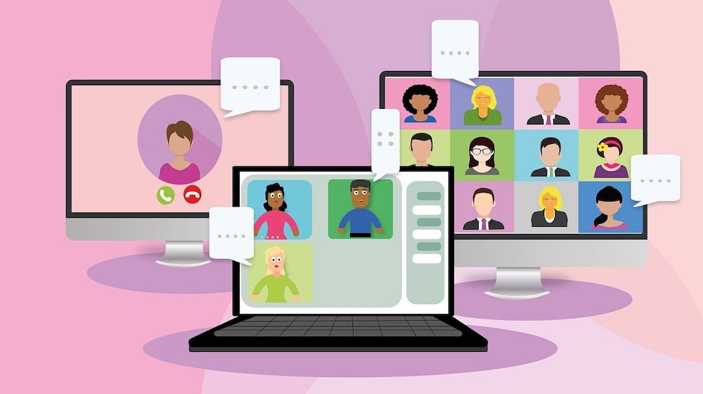 Graphic of three laptops showing virtual meetings and webinars